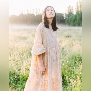 Beaumont organic Tulsi Cotton Dress Cream Floral animal Print xs tiered Midi